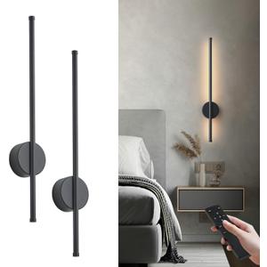 Battery Operated Modern Wall Sconces, Dimmable Wireless Wall Light Set of Two with Remote Control, 3 Color Temperatures, Rechargeable LED Wall Sconce for Bedroom, Living Room, Hallway, 23.6 Inch Black