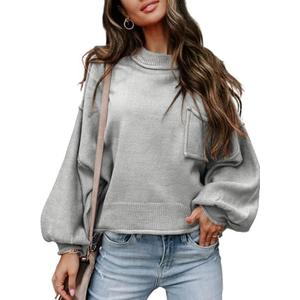 EVALESS Women's 2024 Lantern Long Sleeve Crewneck Sweater Casual Solid Color Ribbed Hem Knitwear Pullover Cropped Tops, Small