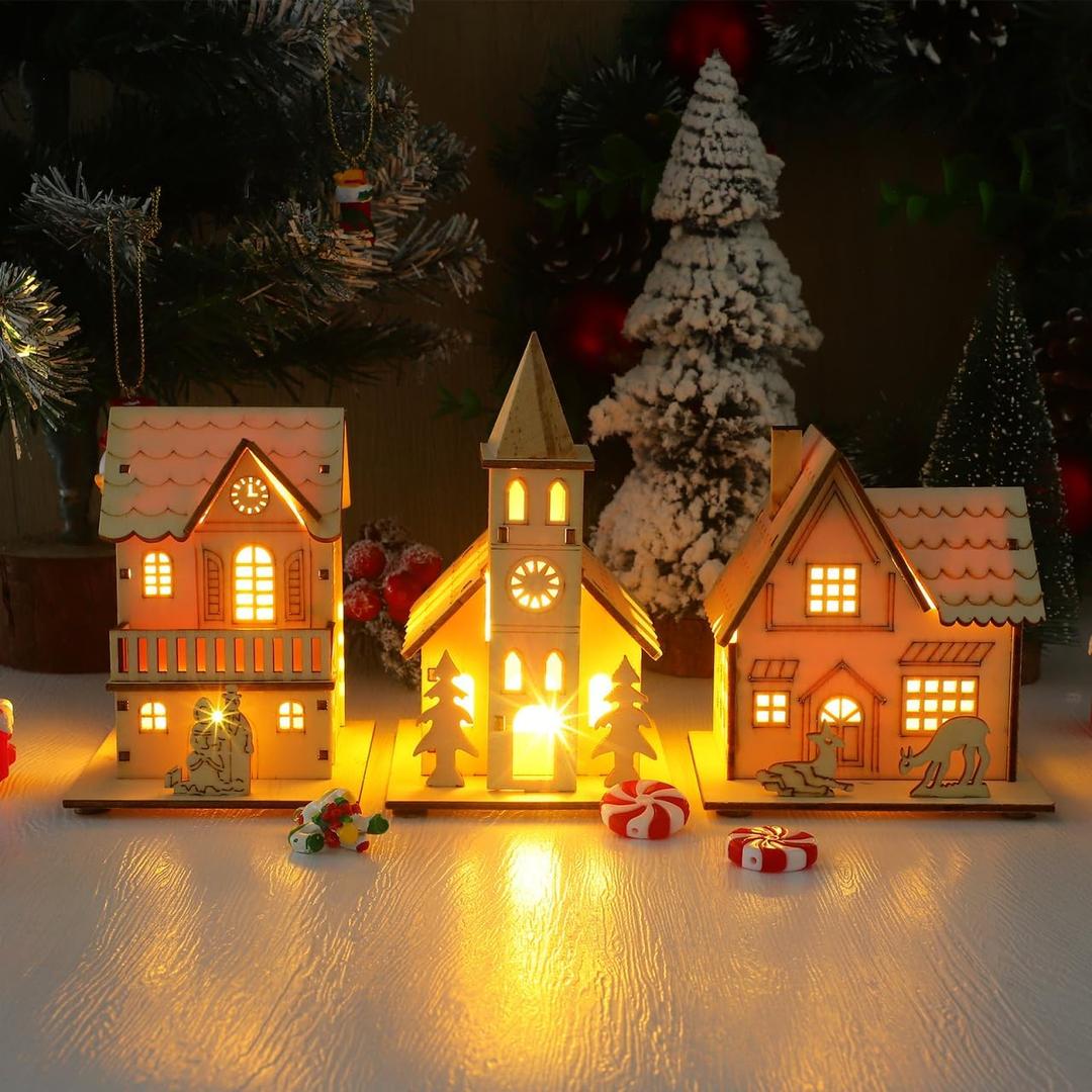 BESPORTBLE Wooden Christmas Village Houses Set of 3 - LED Light Up Mini Houses for Holiday Decor, 2025 New Rustic Farmhouse Christmas Decorations, Indoor Tabletop Decor for Home, Office, Mantel