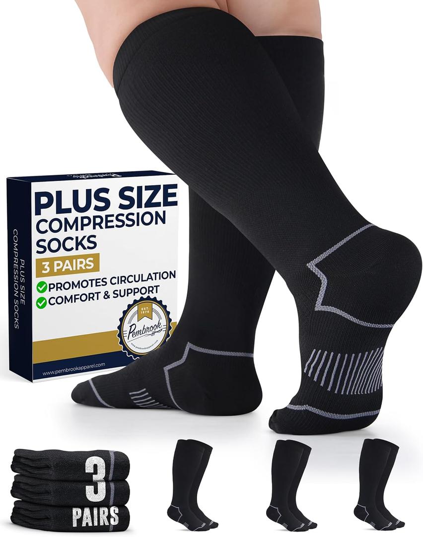 Pembrook Plus Size Compression Socks for Women Wide Calf - 3 Pairs, 20-30mmHg Extra Wide Calf Compression Socks, Up to 4XL