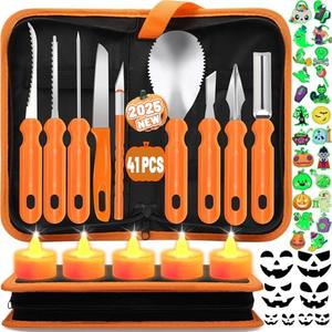 Pumpkin Carving Tools, 41 PCS Professional Pumpkin Carving Kit for Adults & Kids with LED Candles, Heavy Duty Stainless Steel Pumpkin Cutting Knife Supplies for Halloween Decoration Jack-O-Lantern
