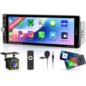 Single Din Car Stereo with Wireless Carplay Android Auto-2025 Upgraded Bluetooth 5.2 Type-C Dual Mic 6.9 Inch IPS Touch Screen Car Radio with Backup Camera Mirror Link FM USB EQ SWC