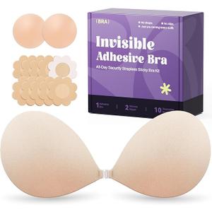 Invisible Strapless Sticky Bra Push up for Women, Ultra Adhesive Bra for Backless Dress, Cleavage Bra Lift Novelty Bras (B Cup, Light Beige)
