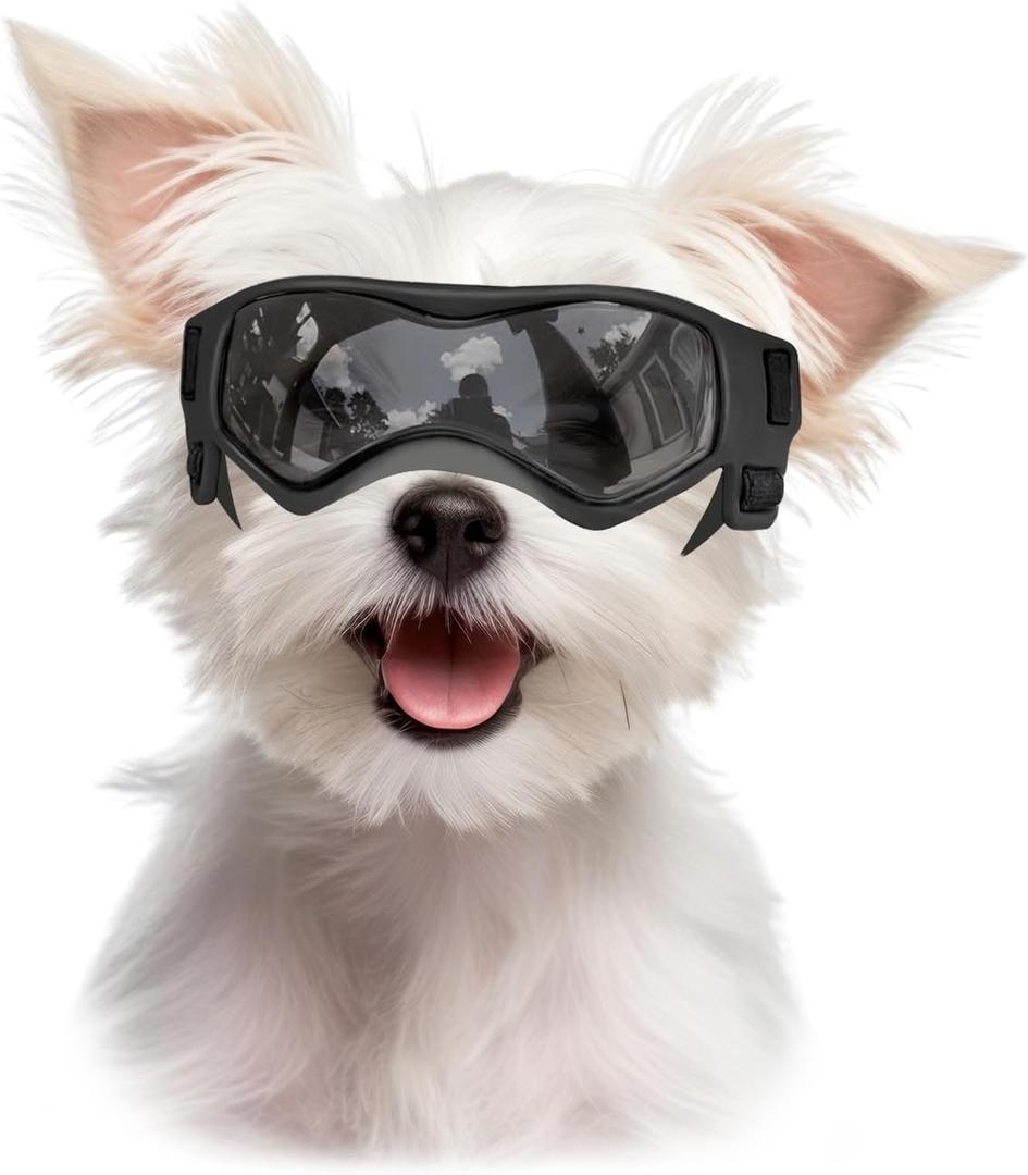 Dog Goggles Dog Sunglasses for Small Breed UV Protection Windproof with Adjustable Head Straps Chin Straps for Ride Car/Hiking Travel/On Beach-Black