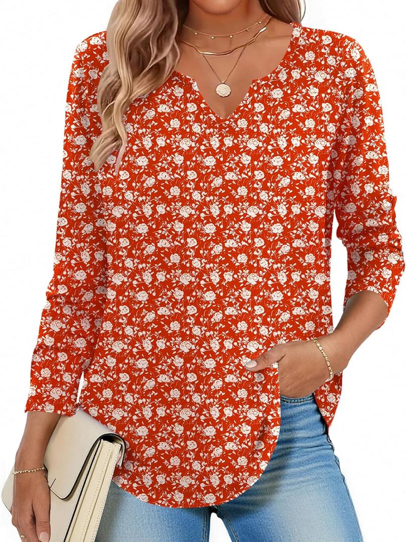 Zeagoo Long Sleeve Shirts for Women Fall V Neck Tops Casual Dressy Blouse Boho Tunic Business Work Clothes School Outfit (Red, XXXL)