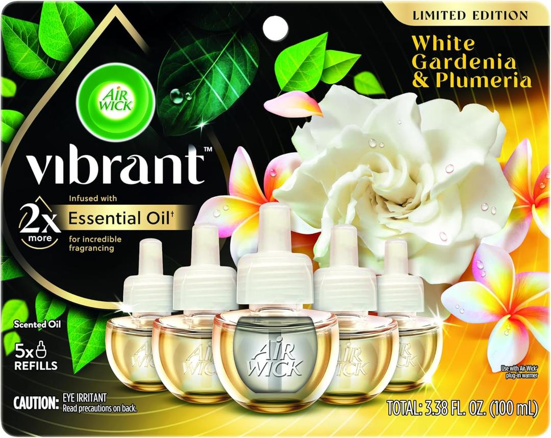Air Wick Plug In Scented Oil Refills, White Gardenia+Plumeria, Air Fresheners for Home Long Lasting, Room Fresheners,Air Freshener Plug In, Essential Oils, Home Essentials for Small&Large Spaces, 4 ct