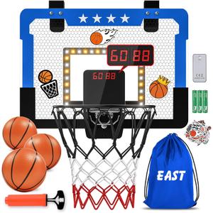 Indoor Basketball Hoop for Kids, Mini Basketball Hoop with Double Electronic Scoreboard and LED Light, Over The Door Basketball Gifts Toys for 5 6 7 8 9 10 11 12 Year Old Boys (East Blue)