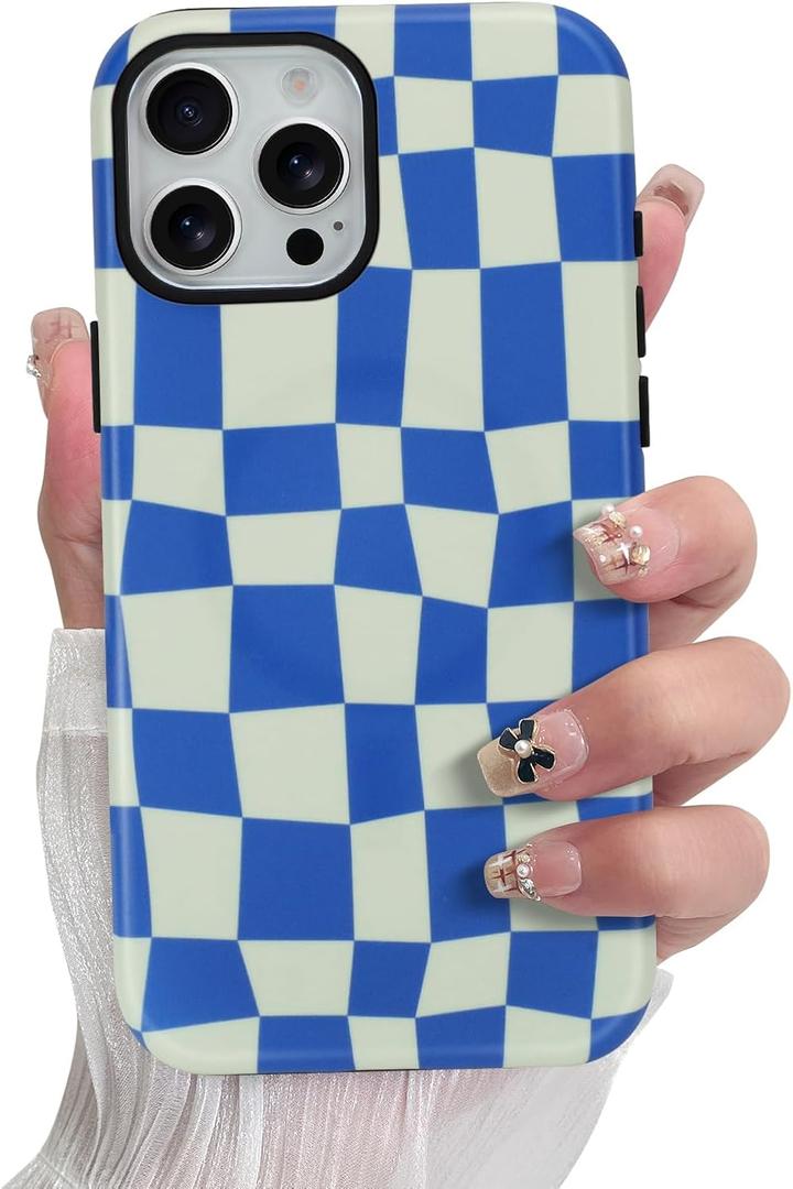 SOKAD Magnetic Checkered Phone Case for iPhone 15 Pro Max, Cute Grids Plaid Checkerboard Pattern Compatible with Magsafe Matte Protective Case Cover with Screen Protector for Girls Women, Blue
