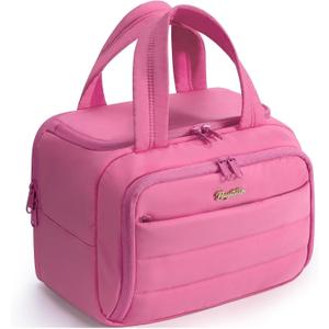 Bagstellar Travel Toiletry Bag for Women, Lightweight Large Quilted Puffy Makeup Bag Wide-open Make up Organizer Cloud Cosmetic Bag w/Handle for Traveling, Toiletries Essentials Accessories Rose Pink