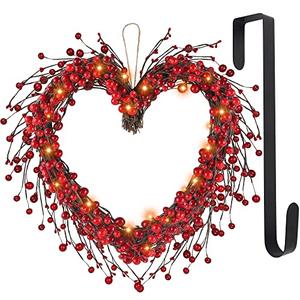 DR.DUDU Valentine's Day Wreath, 15" LED Lighted Red Berry Heart Shaped Valentines Wreaths for Front Door, Battery Operated Artificial Wreaths Home Decoration for Outdoor Indoor Wall Mantel