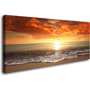 Baisuart-S0162 Canvas Prints Wall Art Sunset Ocean Beach Pictures Photo Paintings for Living Room Bedroom Home Decorations Modern Stretched and Framed Seascape Waves Landscape Giclee Artwork (48"L x 24"W, Golden)