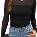 Womens Sexy Mesh Long Sleeve Shirts Fashion Clothing Turtle Necks Sheer Ruched Going Out Tops Fall Outfits Slim Fit Blouses (Black, M)
