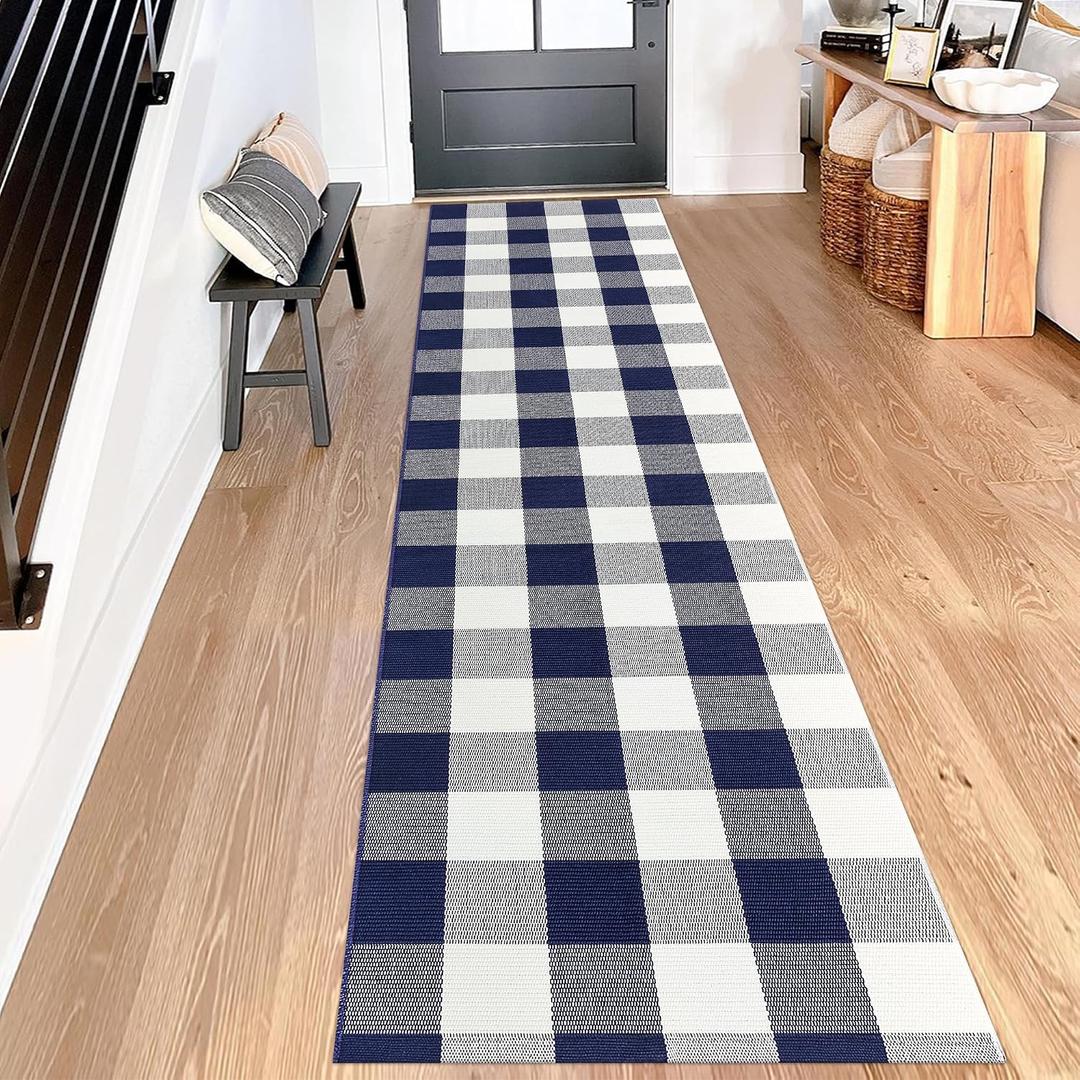 Buffalo Plaid Runner Rug 2x8 Feet Navy and White Checkered Hallway Runner Area Rug Farmhouse Cotton Woven Washable Carpet for Entryway, Kitchen, Laundry, Bedroom, Living Room