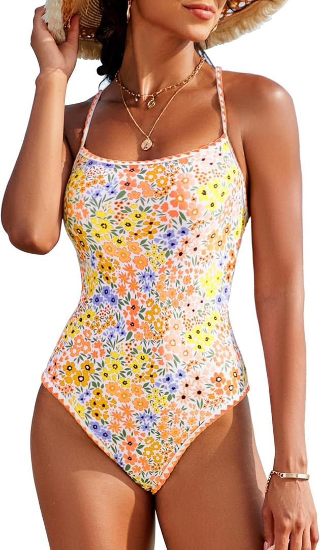 Womens One Piece Swimsuit Tummy Control Modest Bathing Suit Teen Girls Swim Suit Cute Floral Swimwear (Large, Orange Print Swimsuit)