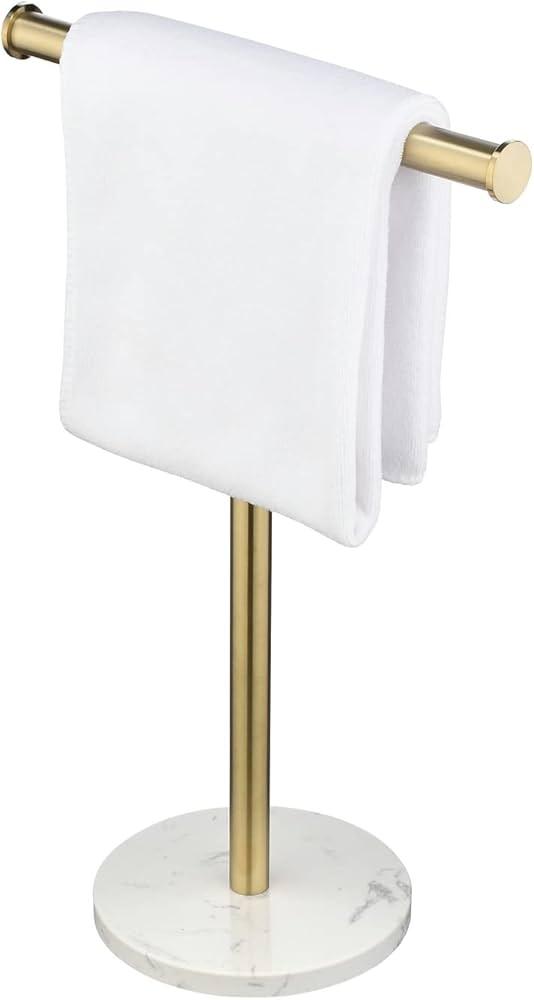Gold Hand Towel Holder Stand with Heavy Marble Base, T-Shape Towel Rack, Free-Standing for Bathroom Vanity Countertop