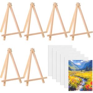 Canvas Boards with Easel for Painting 6 Pack 8x10 Inch Canvas Boards with Easel Stand, Wood Easels Beginners and Professionals Blank Cotton Painting Panels and Pine for Acrylic Oil Watercolor