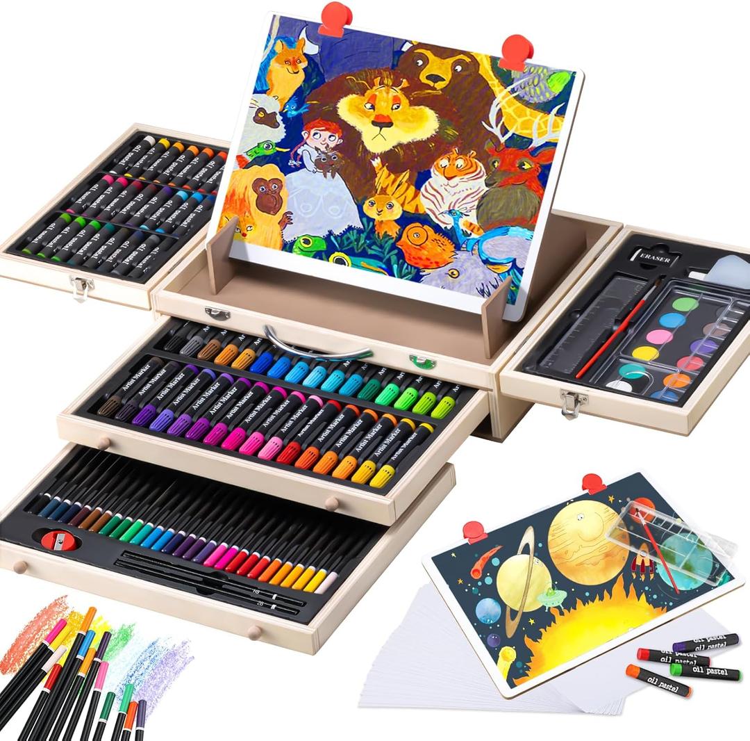 Art Supplies, Deluxe Kids Art Set with Drawing Easel, Crafts Kit in Portable Wooden Case, Oil Pastels, Colored Pencils, Watercolor Cakes, Sketch Paper, Creative Gift for Teens Beginners Girls Boys