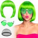 PLULON Green Bob Wig and Sunglass Set, Neon Funny Short Bob Wig Sunglass Pack Colorful Hairpieces Fancy Dress Cosplay Costume Accessories for Women Bachelorette Party Favors, Halloween Decorations