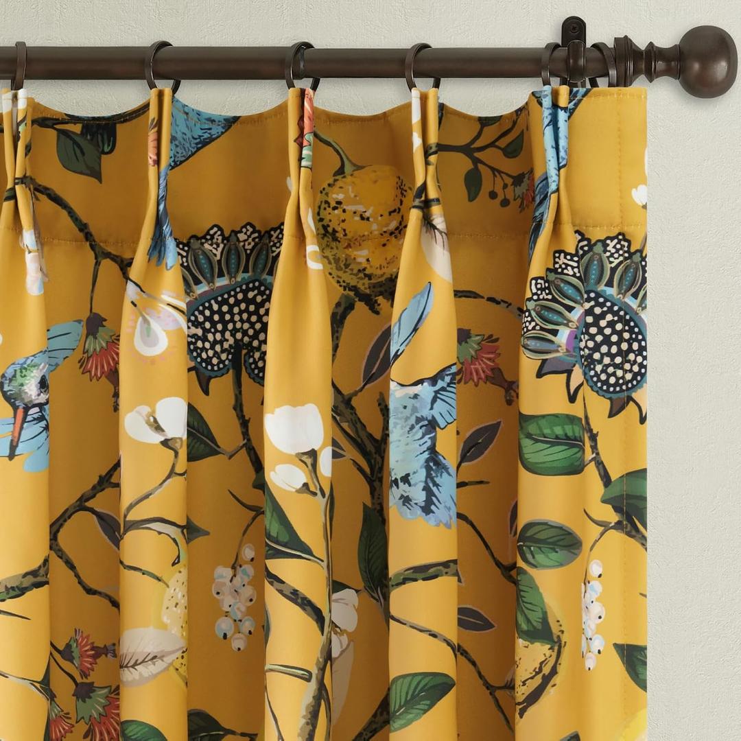 90 Inches Long Curtains 2 Panels for Living Room Bedroom Unique Elegant Colorful Floral Hummingbird Patterned Rustic Mustard Yellow Pinch Pleated Drapes for Classroom Room Office 40x90