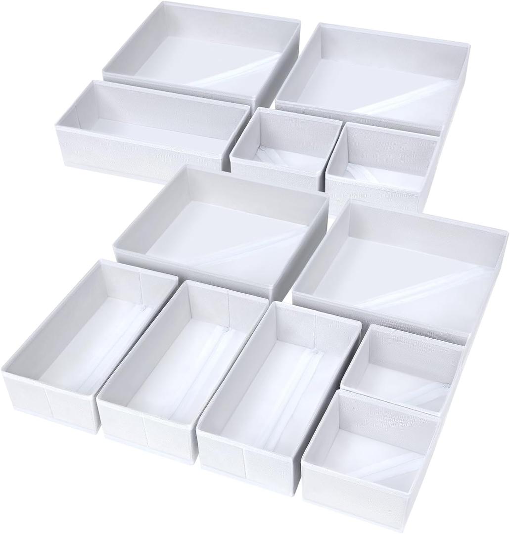DIMJ Drawer Organizer Clothes, 12 Pack Fabric Closet Organizers and Storage, Foldable Baby Clothes Organizer & Dresser Bin For Nursery, Bedroom, Closet, Socks, Bra, Tie, White