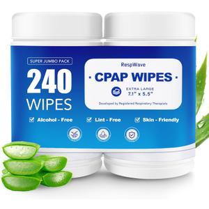 CPAP Mask Wipes, 240 Count (2-120 Canisters) Jumbo Pack, Unscented, Extra Large & Moist, Alcohol Free, Lint Free, 3-5 Months Supply for Daily CPAP Machine and Supplies Care