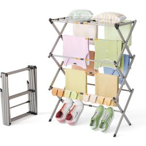 Collapsible Floor Drying Rack - Free Standing Accordion Laundry Dryer, Retractable Metal Clothes Hanger with Shoe Storage, Heavy Duty Rustproof Airer for Bathroom, Balcony & Delicates