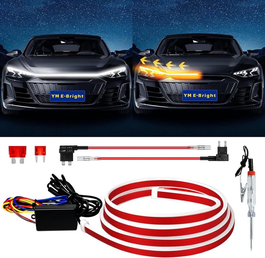 Dynamic Scan Start Up Hood Light Strip Sequential Flowing Turn Signal Lights Flexible DRL Daytime Running Car Led Light Strip Exterior, Dual Color Amber White Switchback 12V 79inch (1 Set)