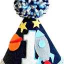 Outer Space First Birthday Hat Boy, Space Theme Party Decorations, Baby 1st Birthday Cone Hat with Rocket Design, One Year Old Party Crown for Cake Smash and Photo Props