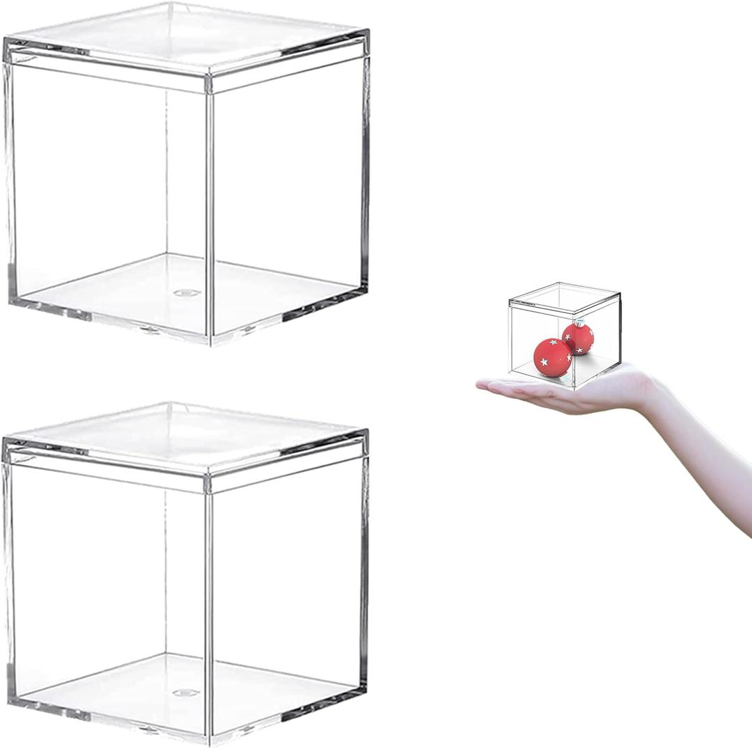 Small Acrylic Box Clear Square Cube 2 Packs Plastic Display Boxes with Lid Jewelry Storage Organize Containers