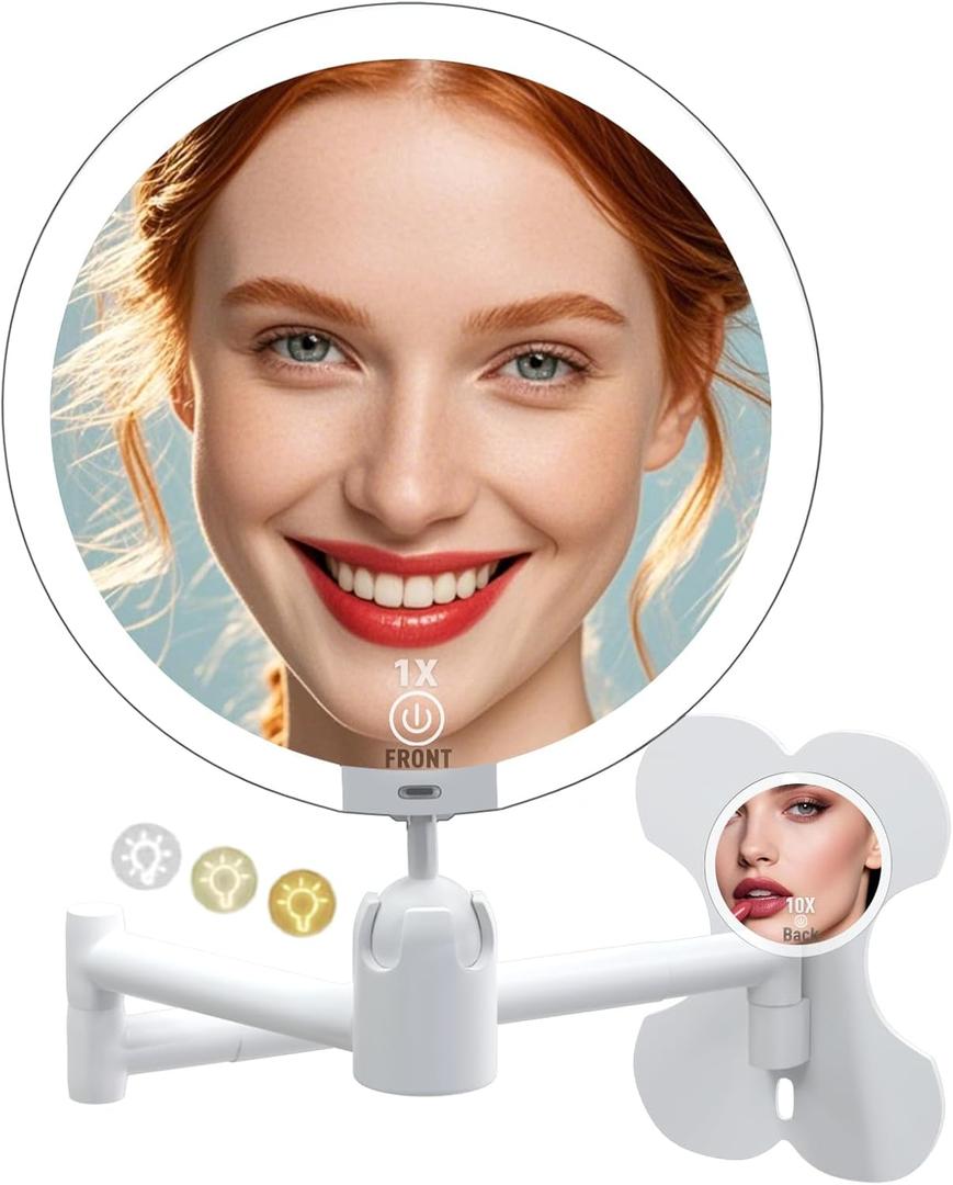 6" Led Wall Mounted Makeup Mirror Double Sided 1/10X, 1-Second Install Lightweight Compact Wall Mirror with Light, Rechargeable Extendable Magnifying Mirror for Bathroom, Wall Vanity Mirrors (1+10X)