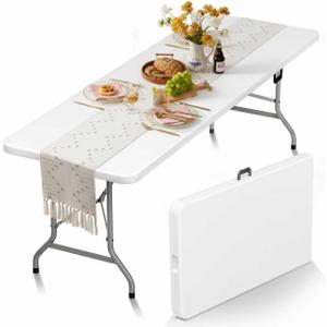 HLPB Folding Table Picnic Table, 8 ft Portable Camping Table with Handle and Safety Locks, Foldable Table Plastic Dining Table Indoor Outdoor for Camping, Picnic and Party, 96 inches x 30 inches x 29 inches