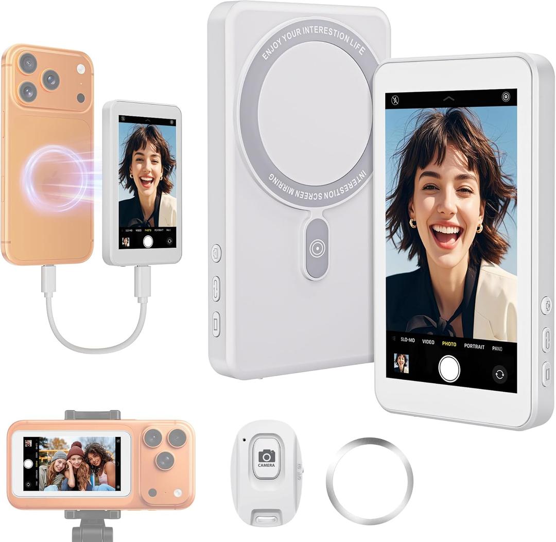 Vlog Selfie Monitor Screen for iPhone 17 Series & Android,Built-in Speaker,Wireless & Wired Magnetic 4K/1080P Phone Back Camera Monitor with Remote Control for Live Stream TikTok (White)