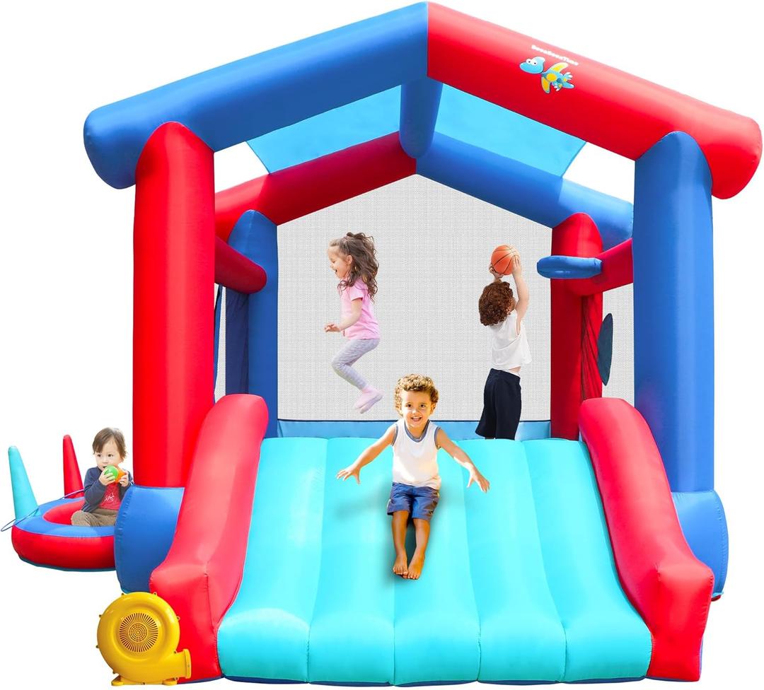 Inflatable Bounce House, Bouncy Castle with Blower for 4 Kids, 143 x 142 x 99 inch, 7 in 1 Jumping Bouncing House with Slide, Ball Pit, Basketball