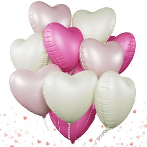 2 x Pink White Heart Balloons, 12 Pcs Cream Foil Balloons, 18 Inch Baby Pink Heart Balloon for Valentines Decorations Birthday Baby Shower Wedding Party Decorations