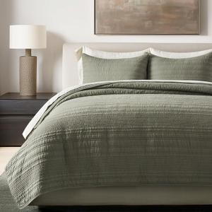 EVERGRACEHOME 100% Cotton Modern Lines Quilt Set Queen Size, Pre-Washed Soft Striped Coverlet Bedspread, 3 Piece Lightweight Bedding Set for All Season, with 2 Pillow Shams, Olive Green