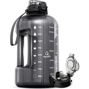 AQUAFIT 1 Gallon Water Bottle with Time Marker - Straw & Chug Lid - BPA Free Gym Water Bottle with Straw - Big Gallon Jug (Gray, 128 oz - 2in1 Lid)