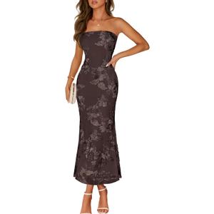 MEROKEETY Women's Floral Strapless Maxi Dress 2026 Summer Mesh Tube Bodycon Formal Wedding Guest Cocktail Party Long Dresses, Small