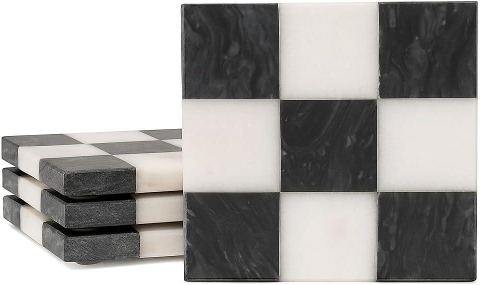 Checkered Marble Coasters  Set of 4 Aesthetic Black and White Stone Drink Coasters for Table, Kitchen Accessories, Checkered Home Decor and Modern Checkered Decor for Home