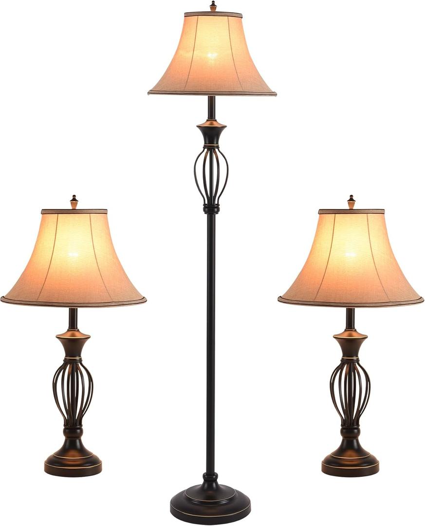 3 Pack Lamp Set, Living Room Light Set of 3, Floor and Table Lamp Set in Black Finish with Vintage Brown Fabric Light Shades, 26" and 61"(H), Solid Iron