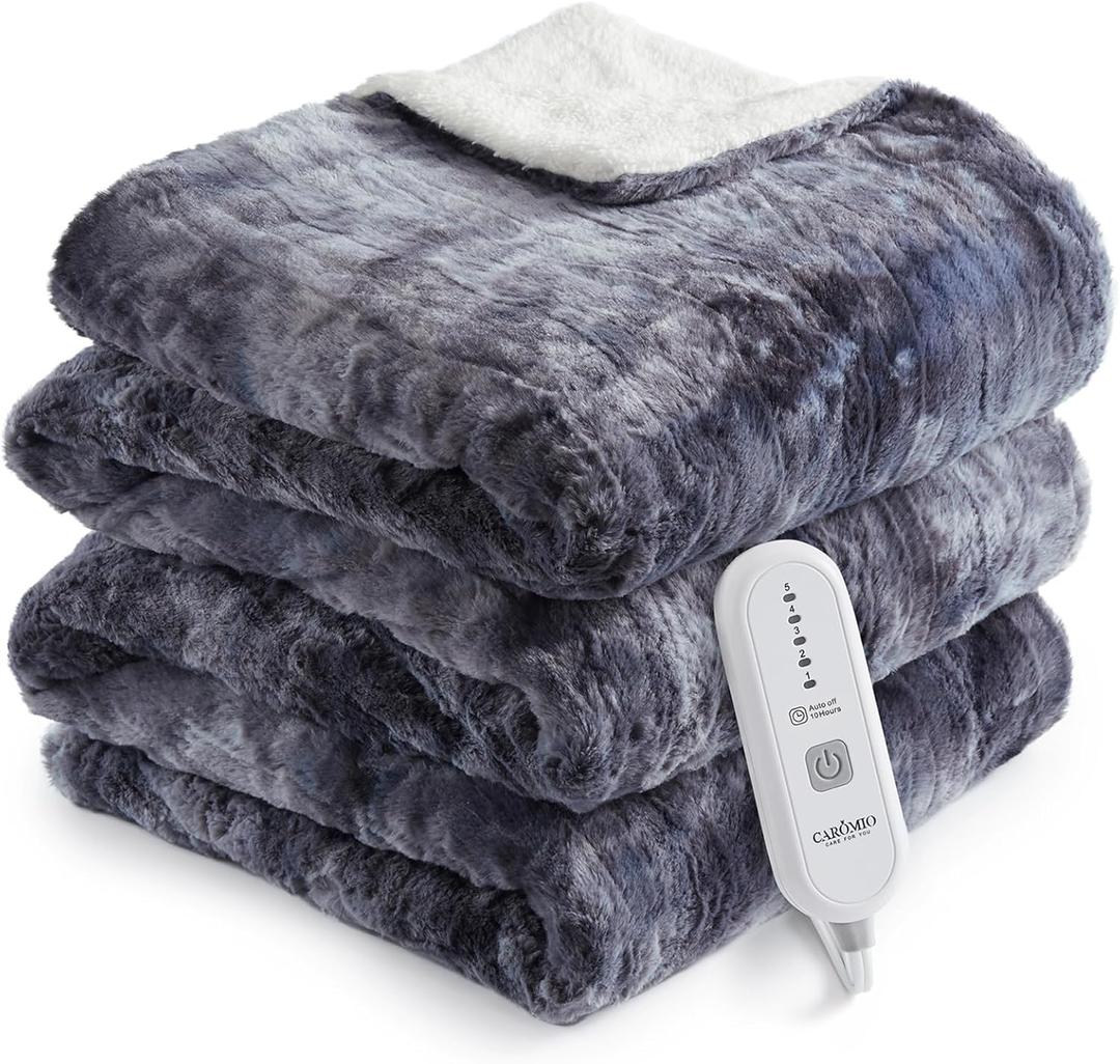 CAROMIO Heated Electric Throw Blanket, Fast Heating Electric Blankets with 5 Heating Levels & 4 Hours Auto Off, ETL Certified Soft Thicken Faux Fur Heat Throws for Couch, Grey Tie-Dye, 50" x 60" (Throw 50" 60", Grey Tie-dye)