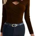 Womens Sexy Long Sleeve Cutout Tops Criss Cross V Neck Slim Fitted Spring Fall Casual Trendy Shirts (Brown, XS)