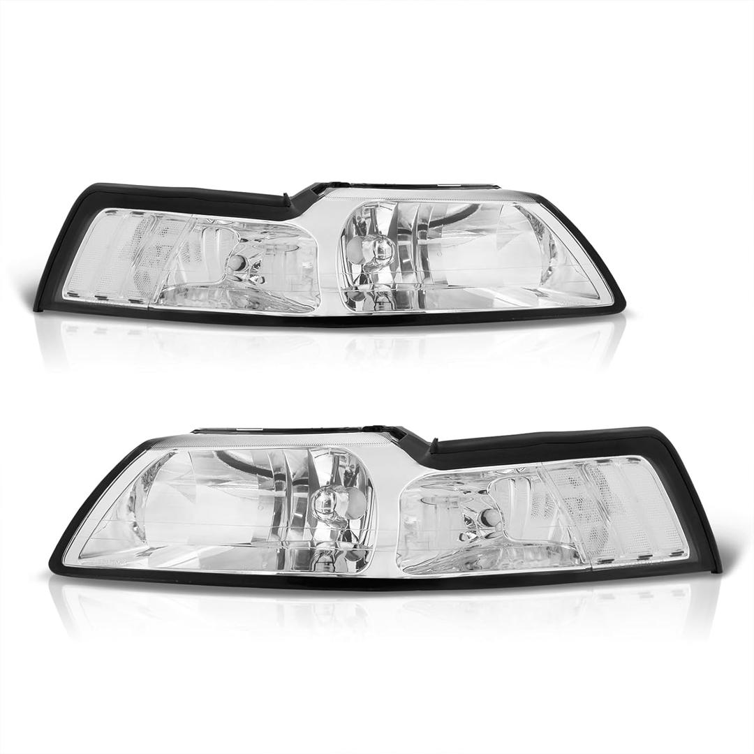AJP Distributors Chrome Housing Clear Reflectors Signal Headlights Driving Lights Bumper Lamps Assembly Compatible/Replacement For Mustang GT SVT Cobra 1999 2000 2001 2002 2003 2004 99 00 01 02 03 04