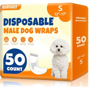 BURVAGY 50 Count Disposable Male Dog Wraps, Male Dog Diapers, Super Absorbent Pee Wraps, Belly Bands for Dogs, Leak Proof, Wetness Indicator, Puppy and Doggie Diaper for Peeing, Small
