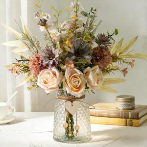 Silk Flowers with Vase, Artificial Flowers Arrangement with Glass Vase Faux Rose for Decoration Table Centerpiece (Rose Champagne)