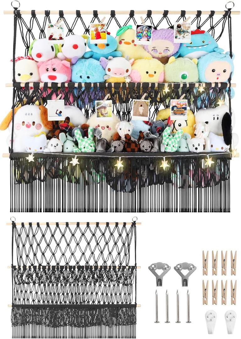 2 Tier Stuffed Animal Storage Shelf Net, 35x30'' Large Plushie Net w/ 2.4/1'' Dense Mesh for Mini Medium Stuffy Teddy, Black Boho Macrame Toy Holder Display w/ Lights&Clips for Nursery Kid Girl Boy, Large-2 Tier-35'' Width