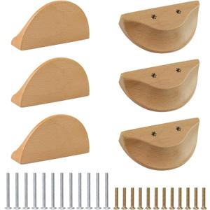 MOROBOR 100mm Half Moon Drawer Handles, 6PCS Wooden Semi Circle Pulls Beech Wood Wardrobe Hardware Double Hole Handle for Drawer Cabinet Wardrobe (101mm)
