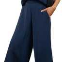 EVALESS Women's Summer 2 Piece Outfits Fashion 2025 Cap Sleeve Top and Wide Leg Pants Matching Set Vacation Outfits (Large, Navy Blue)