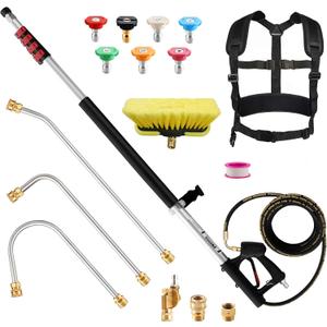 Telescoping Pressure Washer Wand 24 ft Power Washer Extension Wand Aluminum Pressure Washer Extension Wand 24 Feet with Brush Head, Gutter Cleaner, 7 Spray Nozzle Tips, 2 Hose Adapters, Support Belt
