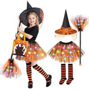 Jeowoqao Girls Halloween Dress upLight up Witch Costume for Girls, Witch Skirt Broom Hat Treat Bag for Toddler Aged 3 4 5 6 (Orange)