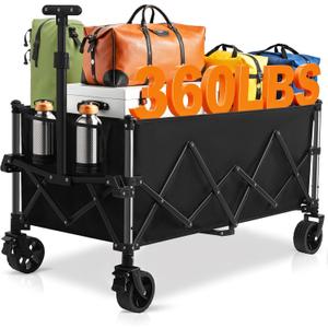 Favoyard Extra Large Collapsible Wagon Carts Foldable 220L & 360LBS Portable Folding Wagons with All-Terrain Wheels & Brakes Heavy Duty Outdoor Utility Carts for Grocery Camping Shopping Sports Garden (Black)